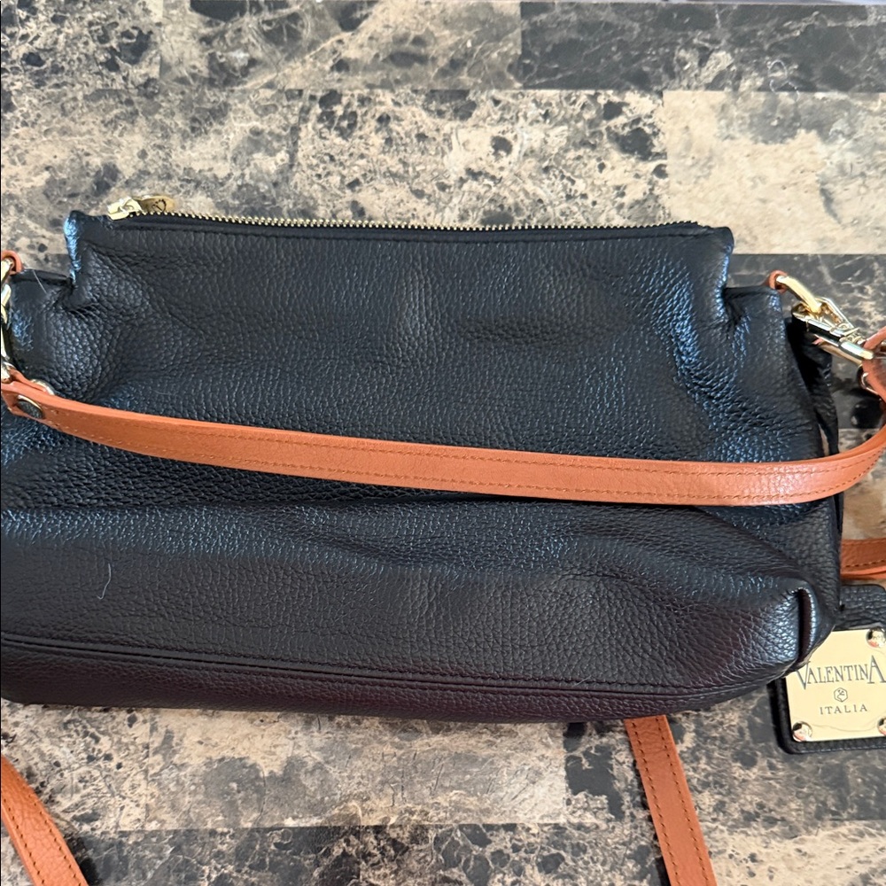 Valentina Black Leather Crossbody with Tan Strap - Picture 2 of 9